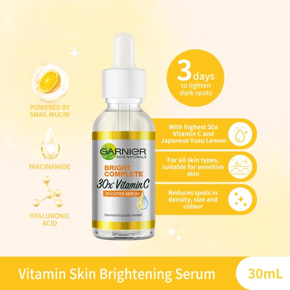 Suero potenciador de niacinamida y vitamina C Bright Complete 30x de Garnier, esencia blanqueadora para el tono de la piel, productos de belleza que atenúan las marcas del acné, 30 ml Suero potenciador de niacinamida y vitamina C Bright Complete 30x de Garnier, esencia blanqueadora para el tono de la piel, productos de belleza que atenúan las marcas del acné, 30 ml