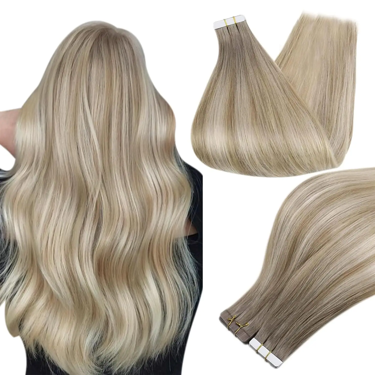 Tape-In Human Hair Extensions – Balayage Blonde Ombre | 100% Remy Human Hair, Seamless Skin Weft, Glue-On
