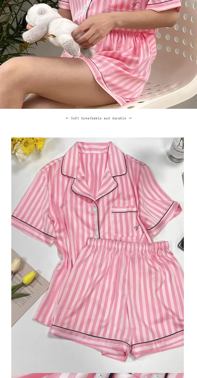 Large Size Women Pajamas Set Short-Sleeved Student Homewear Two-Piece Cardigan Lapel Senior Sense of Striped Short-Sleeved Short Large Size Women Pajamas Set Short-Sleeved Student Homewear Two-Piece Cardigan Lapel Senior Sense of Striped Short-Sleeved Short