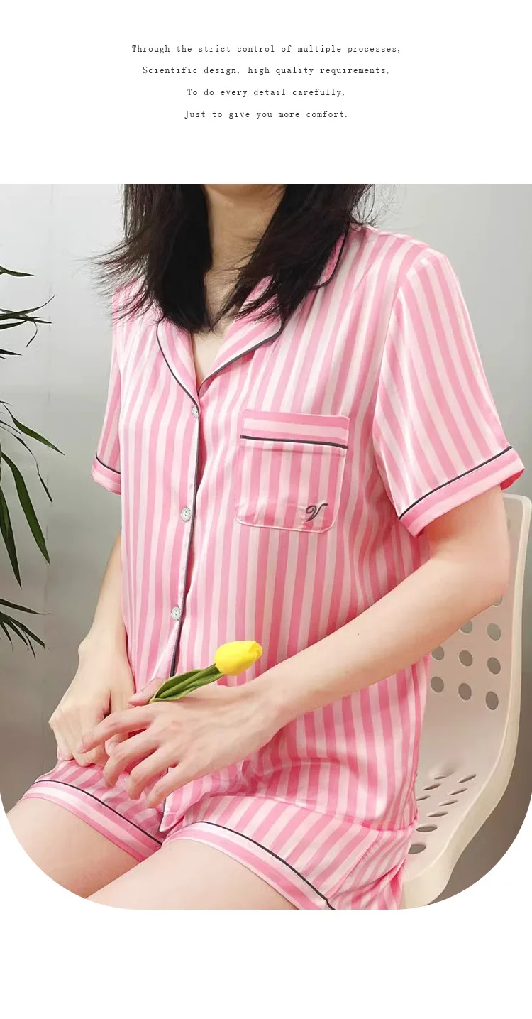 Large Size Women Pajamas Set Short-Sleeved Student Homewear Two-Piece Cardigan Lapel Senior Sense of Striped Short-Sleeved Short Large Size Women Pajamas Set Short-Sleeved Student Homewear Two-Piece Cardigan Lapel Senior Sense of Striped Short-Sleeved Short