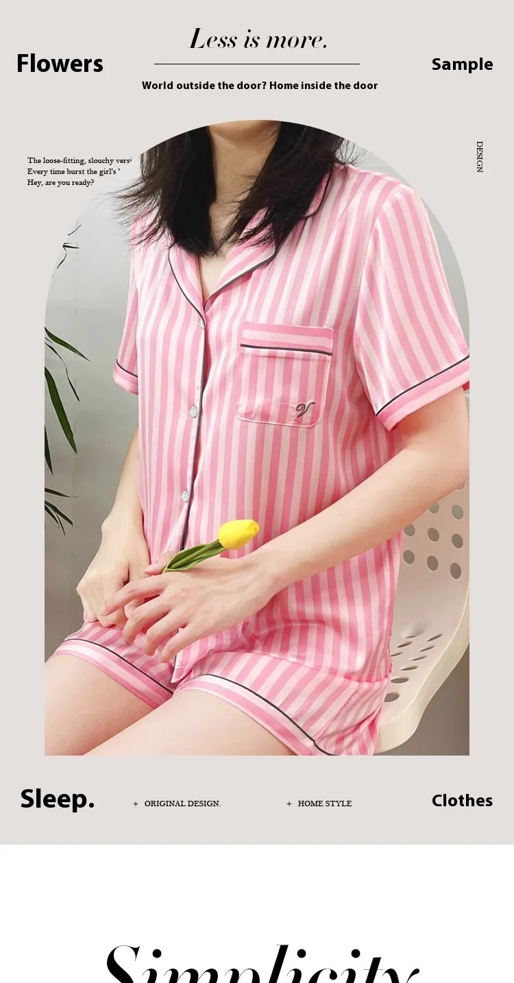 Large Size Women Pajamas Set Short-Sleeved Student Homewear Two-Piece Cardigan Lapel Senior Sense of Striped Short-Sleeved Short Large Size Women Pajamas Set Short-Sleeved Student Homewear Two-Piece Cardigan Lapel Senior Sense of Striped Short-Sleeved Short