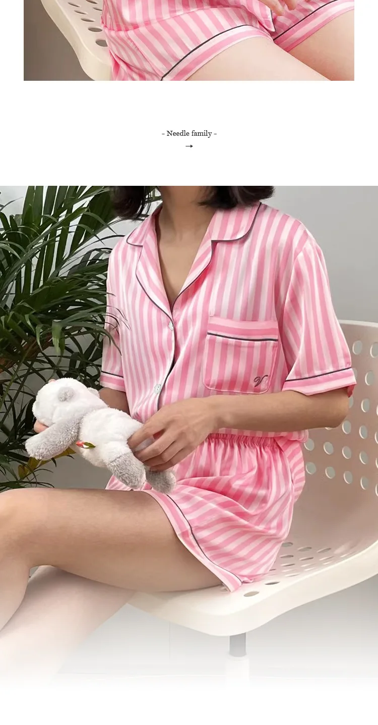 Large Size Women Pajamas Set Short-Sleeved Student Homewear Two-Piece Cardigan Lapel Senior Sense of Striped Short-Sleeved Short Large Size Women Pajamas Set Short-Sleeved Student Homewear Two-Piece Cardigan Lapel Senior Sense of Striped Short-Sleeved Short