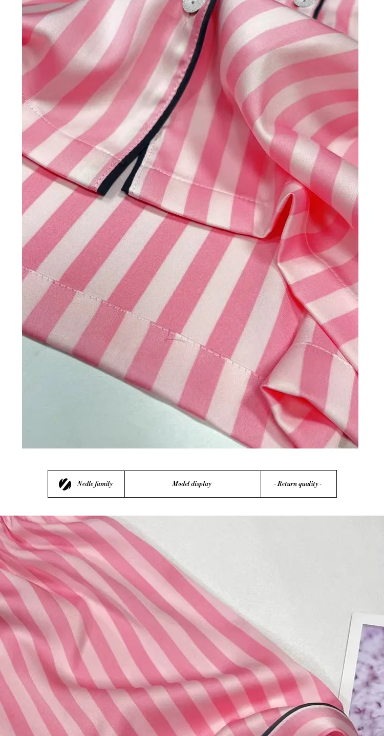 Large Size Women Pajamas Set Short-Sleeved Student Homewear Two-Piece Cardigan Lapel Senior Sense of Striped Short-Sleeved Short Large Size Women Pajamas Set Short-Sleeved Student Homewear Two-Piece Cardigan Lapel Senior Sense of Striped Short-Sleeved Short
