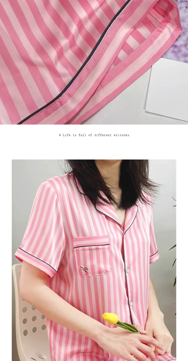 Large Size Women Pajamas Set Short-Sleeved Student Homewear Two-Piece Cardigan Lapel Senior Sense of Striped Short-Sleeved Short Large Size Women Pajamas Set Short-Sleeved Student Homewear Two-Piece Cardigan Lapel Senior Sense of Striped Short-Sleeved Short