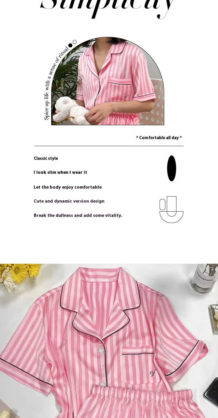 Large Size Women Pajamas Set Short-Sleeved Student Homewear Two-Piece Cardigan Lapel Senior Sense of Striped Short-Sleeved Short Large Size Women Pajamas Set Short-Sleeved Student Homewear Two-Piece Cardigan Lapel Senior Sense of Striped Short-Sleeved Short