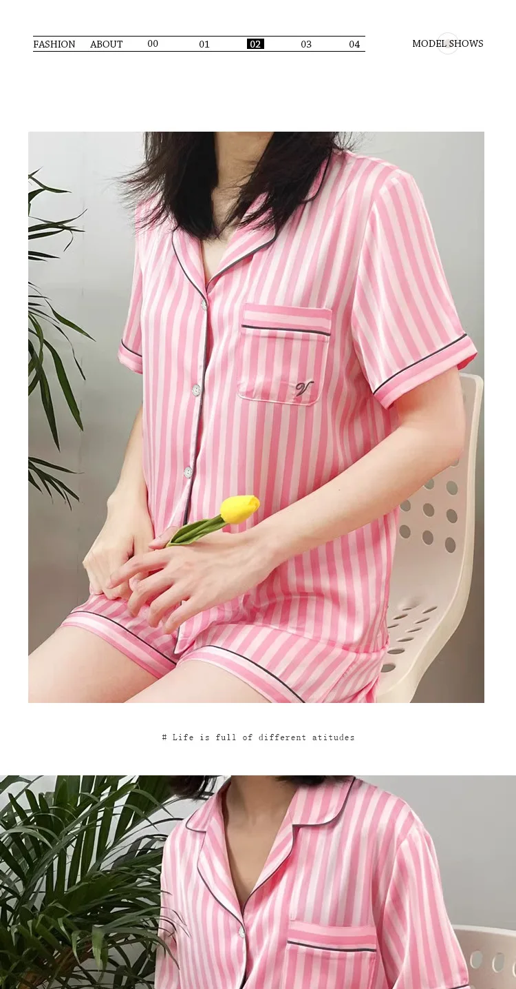 Large Size Women Pajamas Set Short-Sleeved Student Homewear Two-Piece Cardigan Lapel Senior Sense of Striped Short-Sleeved Short Large Size Women Pajamas Set Short-Sleeved Student Homewear Two-Piece Cardigan Lapel Senior Sense of Striped Short-Sleeved Short
